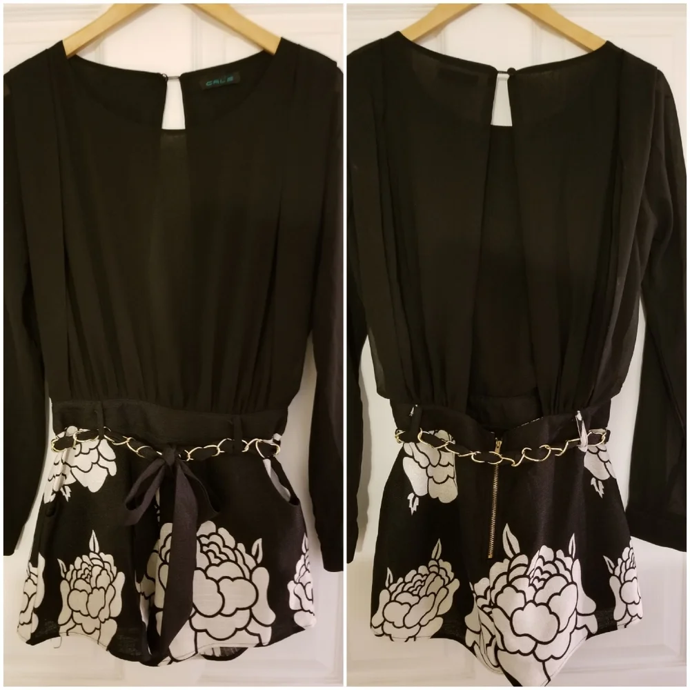 Cals Romper Long Sleeve Sheer Open Back Floral S
